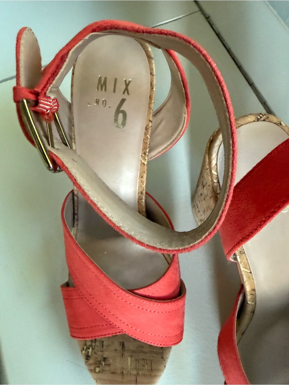 Mix No. 6 Coral / Orange Suede Cork Block Heel Sandals Size 8.5 Like New - Picture 4 of 9